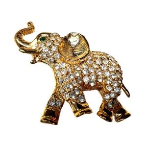 Vintage Baby Elephant Rhinestone ROMAN Brooch - Green Rhinestone Eye.